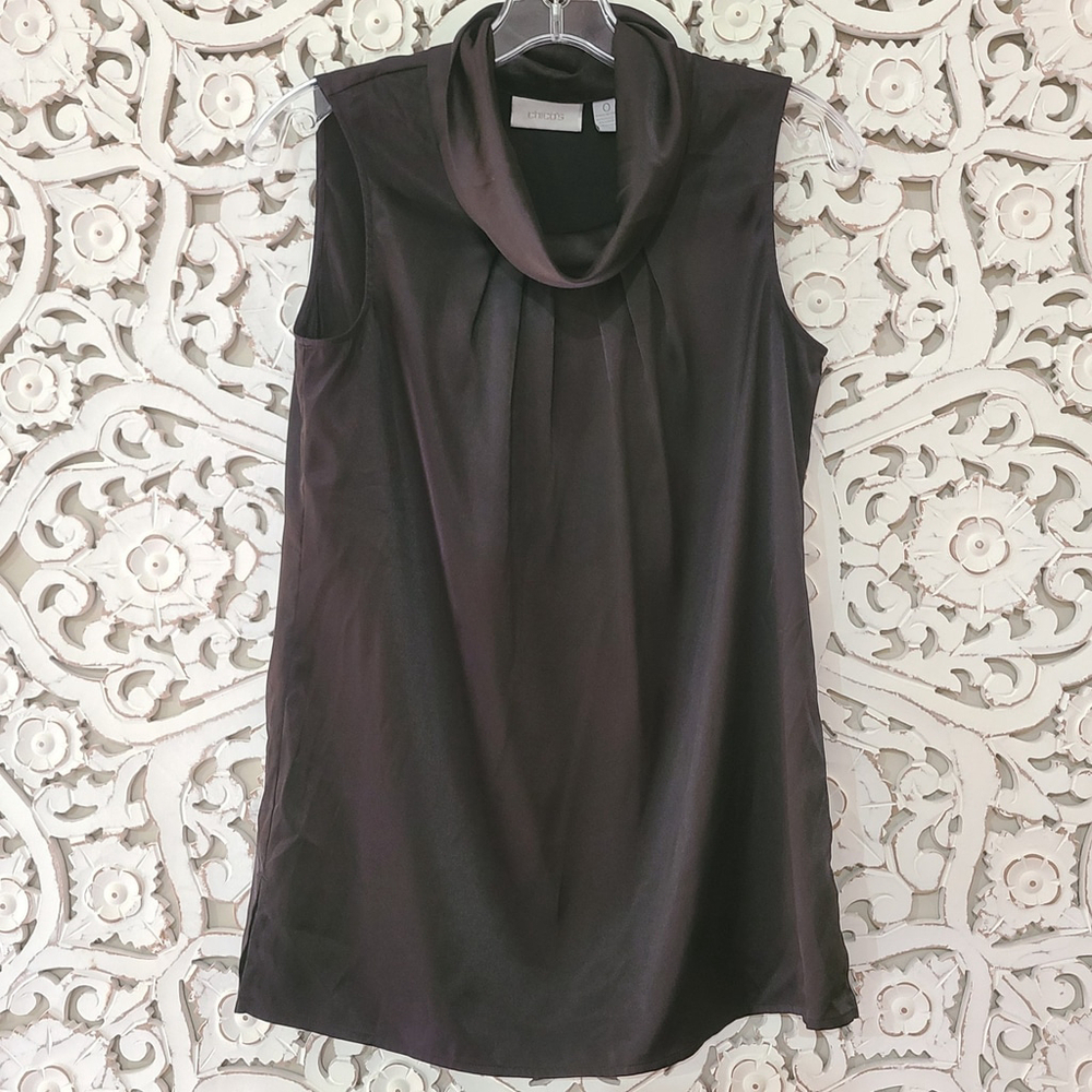 Chicos Womens Black Satin Flowy Sleeveless Blouse Cowl High Neck Sz 0 (Small 4)